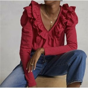 Anthropologie Ruffle Long Puff Sleeve V Neck Top XS Blouse